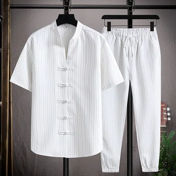  (рубашка + брюки)2023 Летняя мужская рубашка в китайском стиле Хлопковые рубашки в полоску с повседневным эластичным размером талии M-5XL