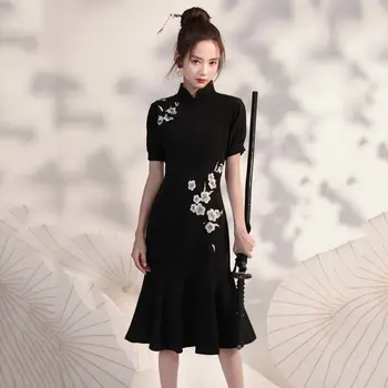 Рыбий хвост Cheongsam Young Girl 2023 Новое черное короткое модифицированное платье Qipao Chi-pao Летняя повседневная женская одежда