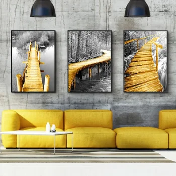 Скандинавский желтый деревянный мост Черно-белая сцена Плакаты и принты Декоративный пейзаж Настенные картины для декора гостиной