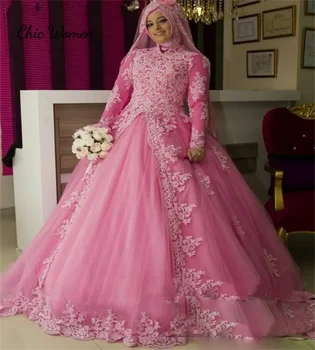 Скромное розовое мусульманское свадебное платье 2024 Элегантное бальное платье Абайя Дубай Длинные рукава Кружевное свадебное платье Элегантный Ислам Раманда Невеста