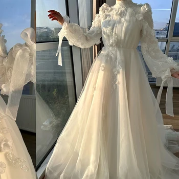Сладкие свадебные платья для хиджаба Невеста Высокий шея Длинный рукав Sweep Train Линия 3D Цветочные блестки Бисер Мусульманские свадебные платья