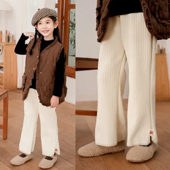  Сладкий вельвет Брюки для девочек Детские толстые теплые брюки Зимние детские повседневные однотонные модные брюки-клеш