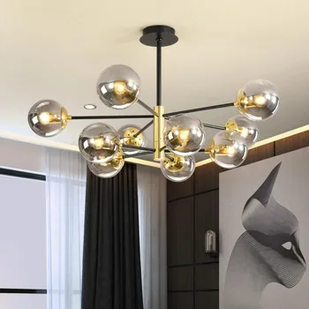 Современная стеклянная шаровая светодиодная потолочная люстра Черное золото для спальни, гостиной, столовой, стола, подвесной лампы, люстр, светильника, освещения