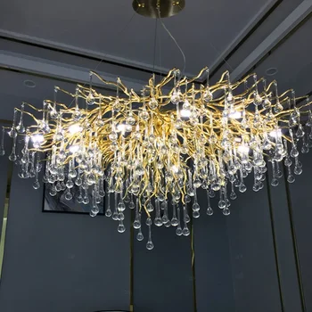 Современные хрустальные люстры для столовых Круглая золотая ветвь Капля дождя для потолка Кухня Спальня Подвесной светильник