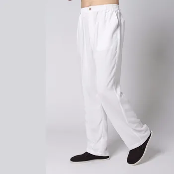 Сплошной белый китайский мужской кунг-фу брюки традиционный хлопковый лен ву шу тайцзицюань брюки vestido chino M L XL XXL XXXL