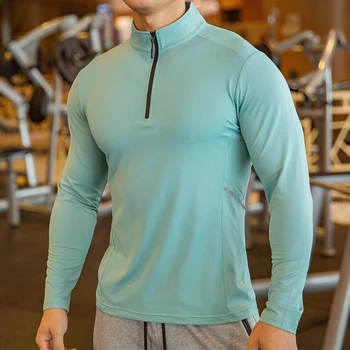  Спортивные рубашки с длинным рукавом для мужчин Skinny Быстросохнущая спортивная футболка Мужские фитнес-топы для бега с молнией Дышащая спортивная одежда Зеленый