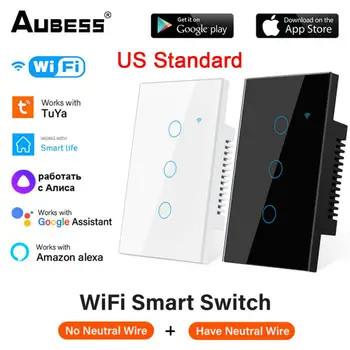  США Стандарт WiFi Tuya Smart Touch Switch 1/2/3/4 Gang Home Wall Button Пульт дистанционного управления Умный дом Работает с Alexa Google Home