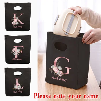 Термальный ланч-бокс Пользовательское имя 26 розовых букв серии Черная сумка для ланча для женщин Портативная детская сумка-холодильник Сумка для еды