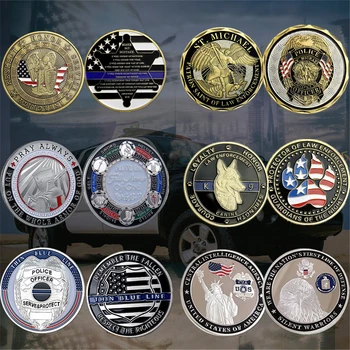Тонкая синяя линия Полицейский Девиз Вызов Набор монет Мемориал Святого Михаила Коллекционные предметы для правоохранительных органов Коллекция 6 монет