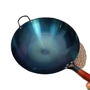  Традиционная китайская приправа Iron Wok с ухом,Деревянная ручка Cooking Wok,Кухонная посуда с круглым дном для газовых плит