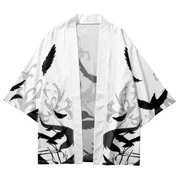 Традиционное кимоно Японская уличная одежда Женщины Мужчины Рубашки Самураи Топы 2023 Модный кардиган с принтом вороны Пляж Хаори Юката