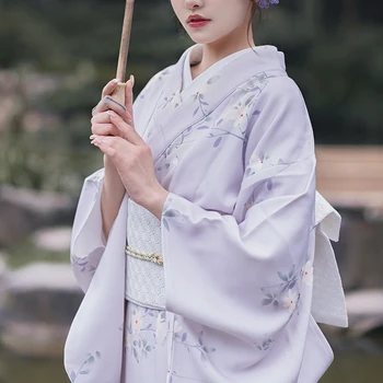 Традиционное японское женское кимоно винтажный стиль фиолетовый цвет цветочные принты лето юката косплей одежда фото фото платье