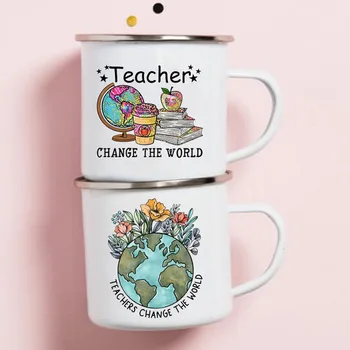 Учитель Изменить мир Печатные кружки Креативные кофейные чашки Напитки Вода Молоко Эмалевая кружка Школа Домашняя ручка Посуда для напитков Подарки для учителя