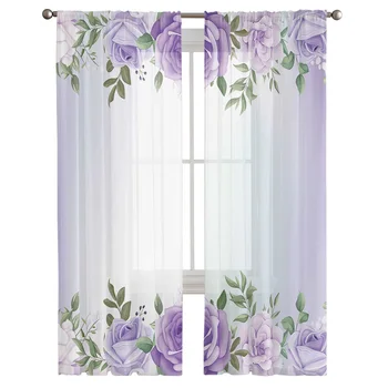 Фиолетовые акварельные цветы и листья весной прозрачные шторы для гостиной спальни обработка окон кухни шифоновая штора