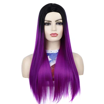 Фиолетовый парик для женщин Длинный прямой парик с челкой Синтетические парики цвета омбре для косплей-вечеринки 26-дюймовый омбре фиолетовый