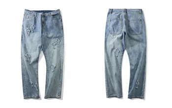 Хип-хоп джинсы Y2K Streetwear Мужская ретро вышивка нашивка прям мешковатые джинсовые брюки повседневные свободные брюки High Street