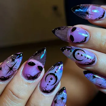 Хэллоуин Пресс на ногтях Star Designs Фиолетовые накладные ногти для женщин Вечеринка DIY Маникюр Миндаль Накладные ногти Украшения 2023 Новый