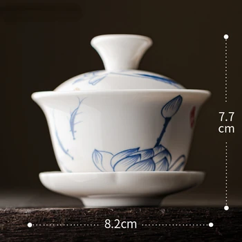 Чайная чаша Керамическая чайная чашка Суп Супница Китайская керамика Гайвань Фарфор Гайвань Белая крышка Чаша Лотос Ручной рисунок Гай Ван Шэнь Пуэр