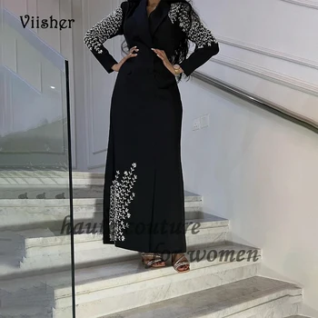 Черные атласные вечерние платья русалки с длинным рукавом и V-образным вырезом Арабское вечернее платье для выпускного вечера в Дубае Вечерние платья до щиколотки 2024