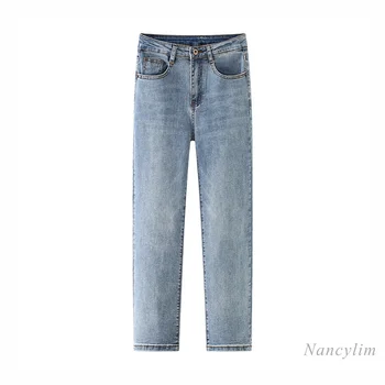 Черные прямые джинсы для женщин 2024 весна и осень Новые укороченные брюки для похудения в стиле ретро Синие белые простые однотонные джинсы