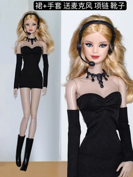 Черный комплект одежды / платье + рукав + сапоги + ожерелье микрофон / 30-сантиметровый кукольный костюм наряд Для 1/6 Xinyi FR ST PP Кукла Барби