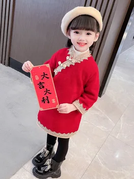 Чхонсам для девочек, династия Тан, зимняя одежда, детское плюшевое и утолщенное платье на Новый год, красная теплая модель ханьфу