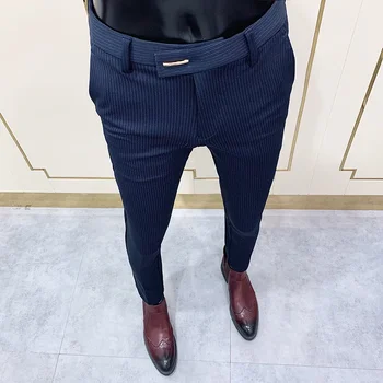 Шикарные полосатые темно-синие брюки мужские элегантные узкие брюки с узким костюмом для лодыжек брюки для мужчин офисные брюки для вечеринок мужские классические брюки