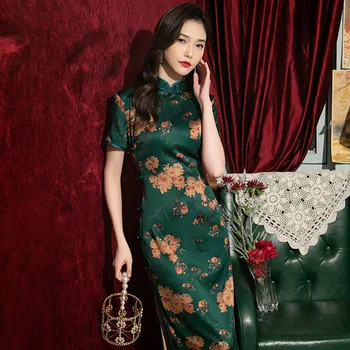 шифон двухслойный Cheongsam 2022 красно-зеленый подиум шоу пряжка ретро девушка qipao китайское традиционное платье qi pao для женщин