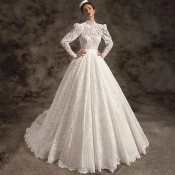 Элегантное винтажное кружевное свадебное платье иллюзия с длинными рукавами A-Line Длина пола с поясом и разверткой Шлейф Свадебные роскошные платья