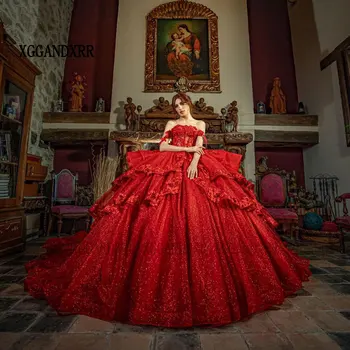Элегантное красное бальное платье Вечернее платье 2024 Sweetheart Mexico Layers Платье с пайетками Quinceanera Princess Sweet 16 Vestidos De XV Años