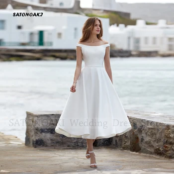 Элегантное простое атласное короткое свадебное платье в стиле бохо для женщин с открытыми плечами Платье невесты А-силуэт чайной длины Vestidos de Novia Custom