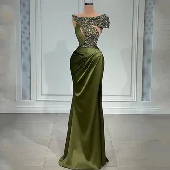 Элегантные армейские зеленые атласные вечерние платья с вырезом русалки с пайетками Дубай Арабские формальные платья для особых случаев для женщин