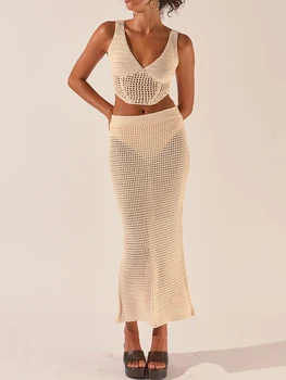 Элегантный женский комплект макси-юбки из 2 предметов с укороченным топом без рукавов, облегающими топами, облегающими длинными юбками для летней вечеринки и