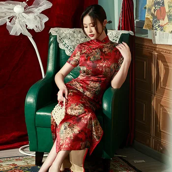 Элегантный Летний Двухслойный Длинный Красный Cheongsam Подиум Ретро Мода Фотография Qipao Китайский Стиль Вечернее Платье Для Женщин