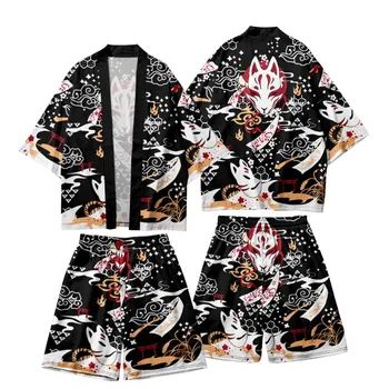 Японская традиционная одежда Цветок Лиса Принт Кимоно Брюки Мужчины Ретро Юката Азия Мода Тан Костюм Харадзюку Ханфу Юката Куртка