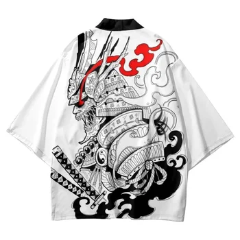 Японский самурай Принт Белое кимоно 2024 Уличная одежда Пляж Юката Мужчины Женщины Кардиган Косплей Хаори Харадзюку Топы Халат Одежда