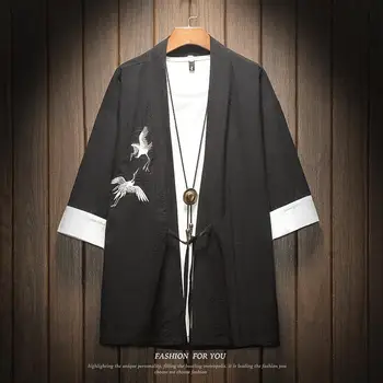 Японское кимоно Халат Уличная одежда Китайская вышивка дракона Рубашка с рукавом 3/4 Самурай Мужская повседневная куртка Мужская одежда