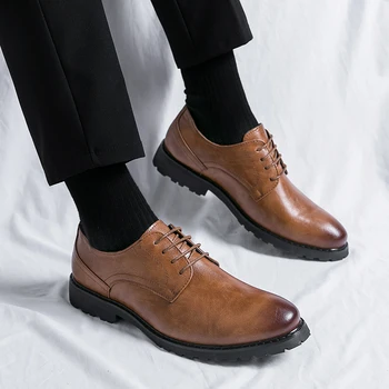 Мужская кожаная обувь Повседневная комфортная рабочая обувь на шнуровке для мужчин Легкая толстая подошва Черная деловая свадебная формальная обувь Oxford